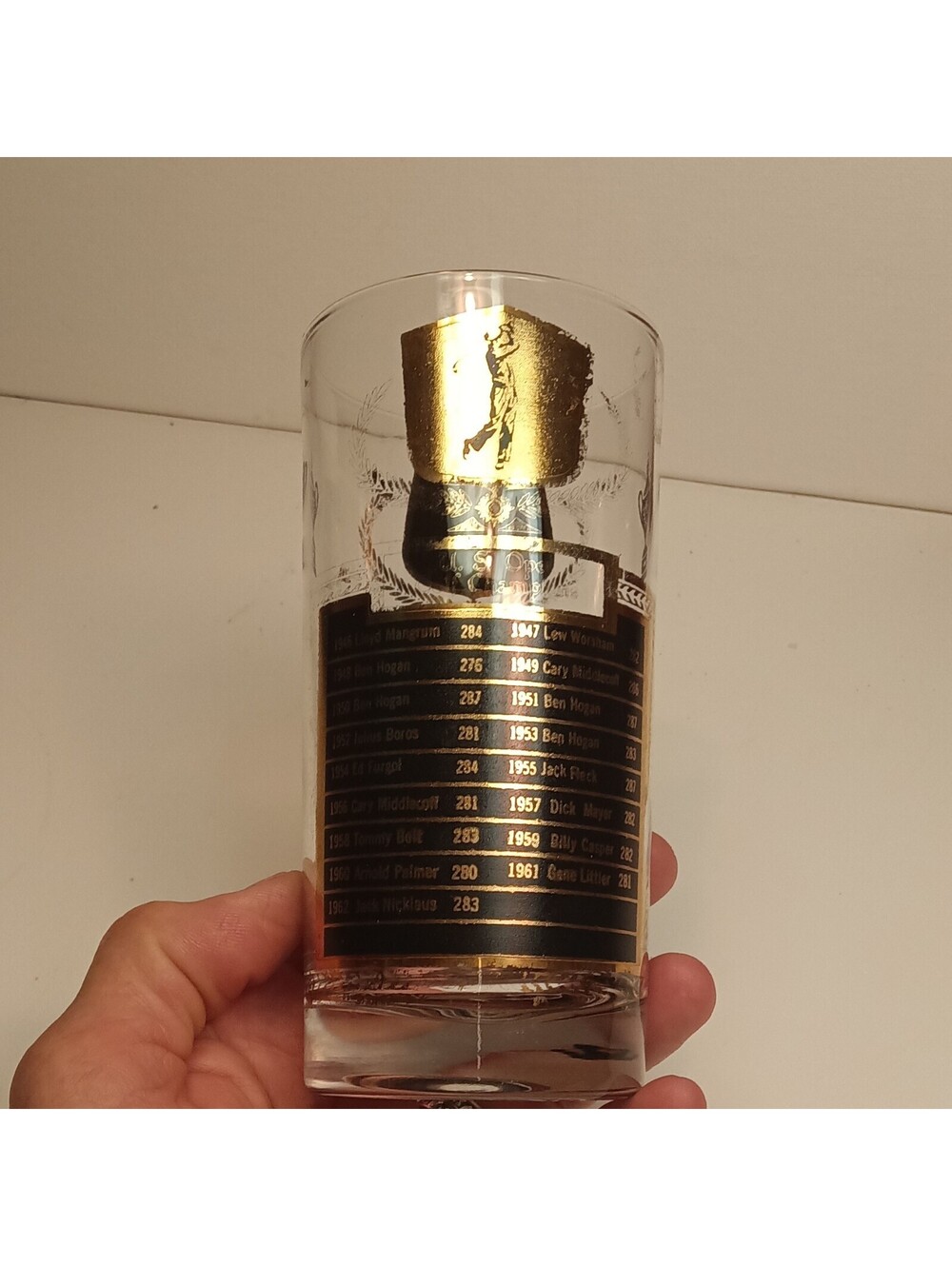 VTG MCM Cera U.S. Golf Champions Highball Glass 22k Gold Sport Kings 1950-1962